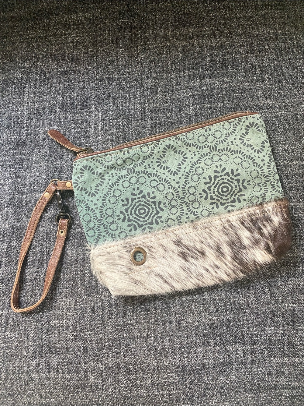 Myra Bags Pony Hair Cow Hide Wristlet Clutch Canvas